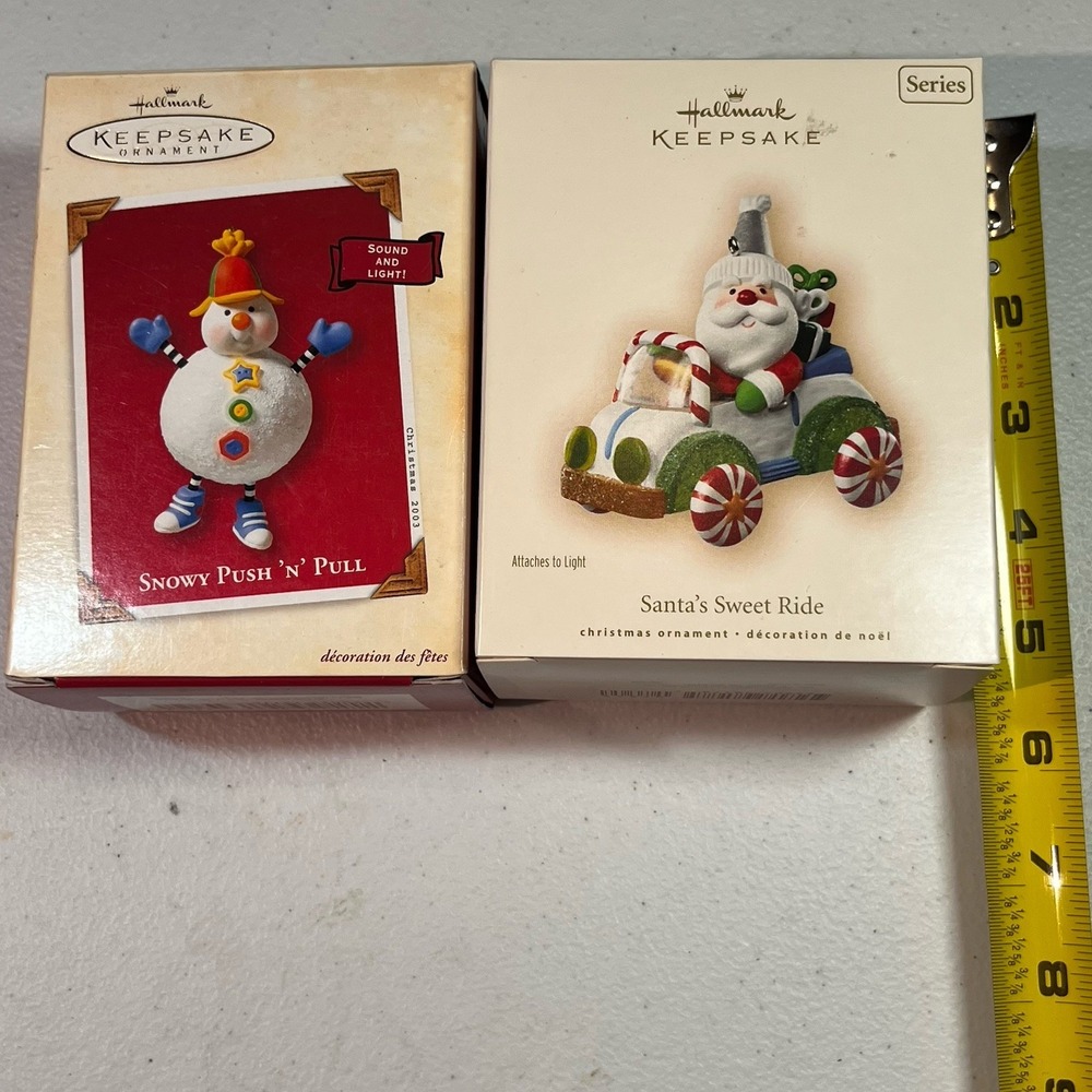 Hallmark Ornaments 3 Snowy Push N Pull Cheery Cyclists Santa's Sweet Ride‎ NIB